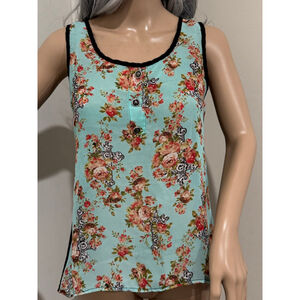 Women's Utopia turquoise Blue Floral Cross sheer black back blouse M